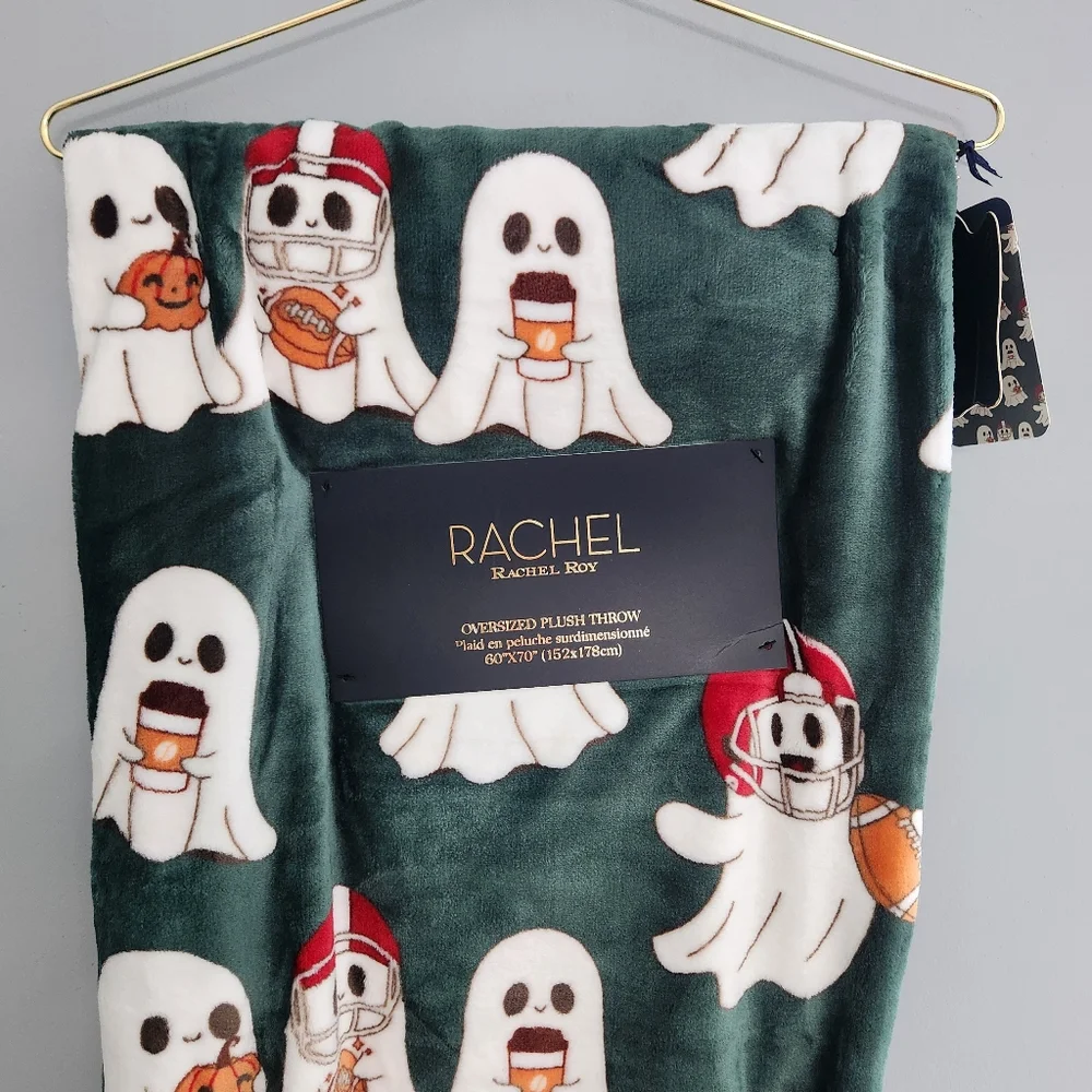 Rachel Dark Green Ghost Football Fall Pattern Pumpkin Plush Throw Blanket NWT